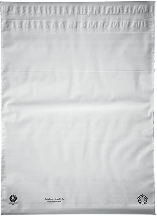 Vorderseite der grauen Versandtasche DEBAPOST® Second life aus über 80 % Recyclingmaterial mit Umweltzeichen.
