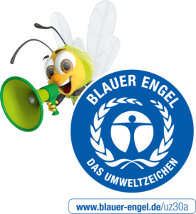 Debabee mit Logo Blauer Engel und Megafon