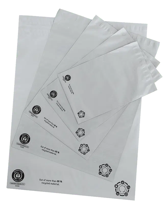 Graue Versandtaschen DEBAPOST® Second life aus über 80 % Recyclingmaterial mit Umweltzeichen.