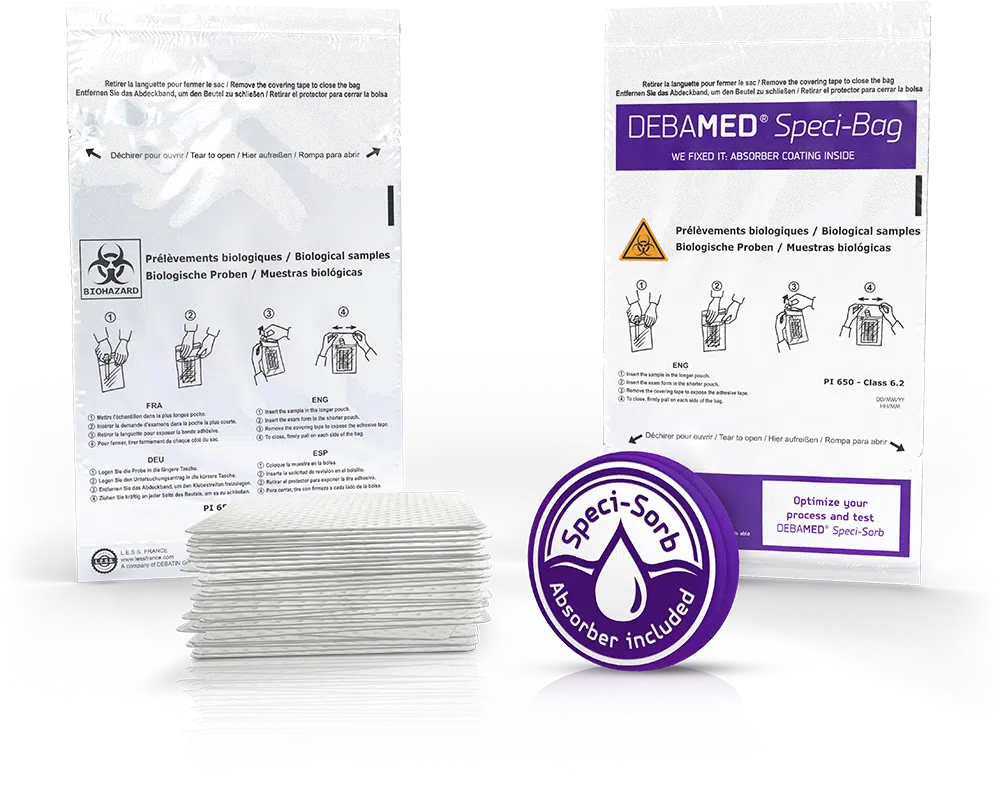 DEBASAFE medical mit Speci-Sorb Ausrüstung für optimierten Probentransport DEBAMED Speci-Sorb Abbildung mit Absorber