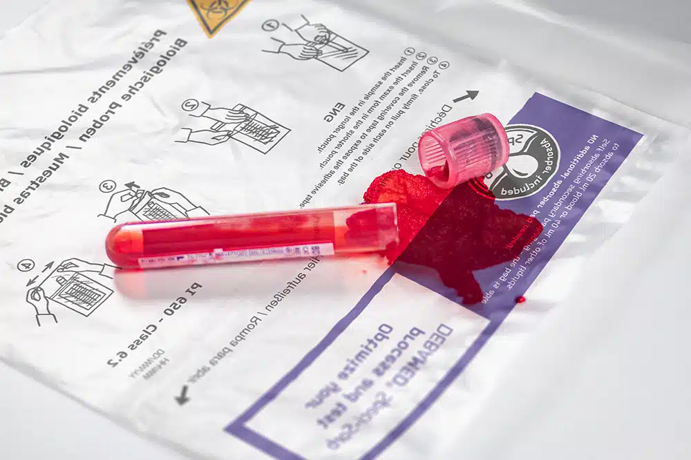 Der integrierte Absorber wird aktiv und saugt binnen ca. 10 Minuten ausgelaufenes Probenmaterial vollständig auf