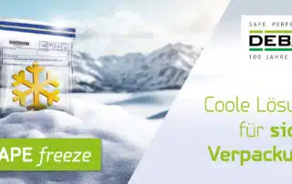 Header: DEBATAPE freeze Sicherheitstasche mit Schneeflockensymbol vor winterlicher Berglandschaft. Blog über "Coole Lösungen für sichere Verpackungen".