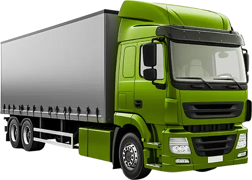 LKW_DEBATIN Ein grüner Lastwagen mit einem grauen Planenauflieger, schräg von vorne dargestellt. Dieses Bild symbolisiert die Abholung gefüllter Sammelboxen durch ein Logistikunternehmen für den Transport zum Recycling.