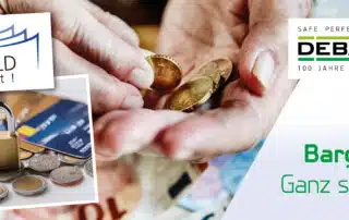 Blogheader-Collage zum Thema Bargeld: Hände einer älteren Person zählen Münzen über Banknoten, daneben ein Schloss auf Münzen und Kreditkarten. Mit den Logos vom "Bargeld zählt! e. V." und DEBATIN sowie dem Slogan "Bargeld? Ganz sicher!"