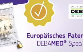 Grafik mit der Laborversandtasche für medizinische Proben DEBAMED® Speci-Sorb. Am unteren Ende des Beutels ist ein Vorhängeschloss, oben ein Prüfsiegel mit Häkchen sowie dem DEBATIN Logo und dem Text „Europäisches Patent für DEBAMED Speci-Sorb“.