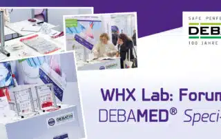 Ein Blogheader mit mehreren überlappenden Fotos eines Messestands. Zu sehen sind Präsentationsflächen mit Beuteln und Demonstrationsrahmen sowie zwei Personen im Gespräch am Stand. Rechts steht der Text „WHX Lab: Forum für DEBAMED® Speci-Sorb“ neben dem DEBATIN-Logo.