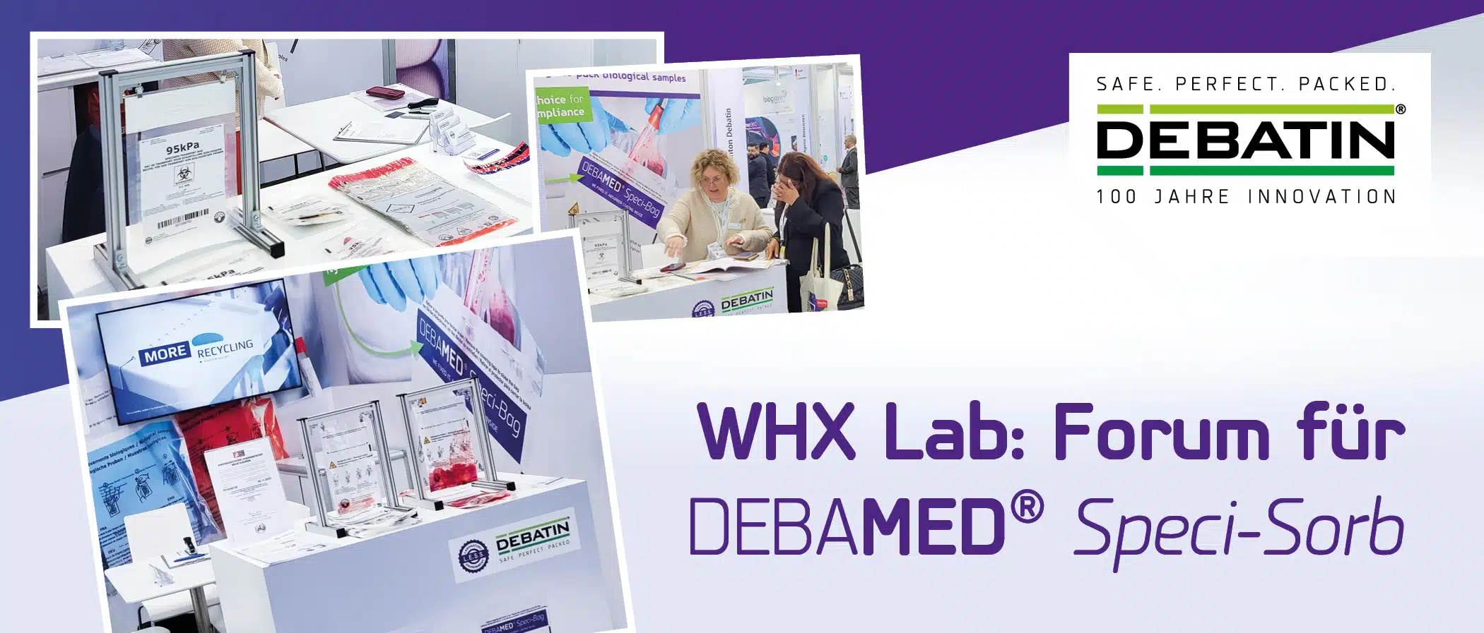 Ein Blogheader mit mehreren überlappenden Fotos eines Messestands. Zu sehen sind Präsentationsflächen mit Beuteln und Demonstrationsrahmen sowie zwei Personen im Gespräch am Stand. Rechts steht der Text „WHX Lab: Forum für DEBAMED® Speci-Sorb“ neben dem DEBATIN-Logo.