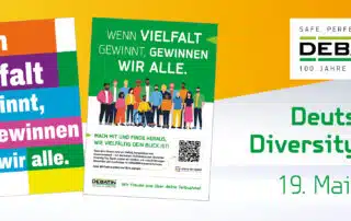 Eine Grafik zum Deutschen Diversity-Tag 2026 zeigt zwei bunte Poster mit Illustrationen und Slogans zum Thema Vielfalt. Rechts stehen das DEBATIN-Logo sowie Datum und Titel der Aktion auf hellem Hintergrund.