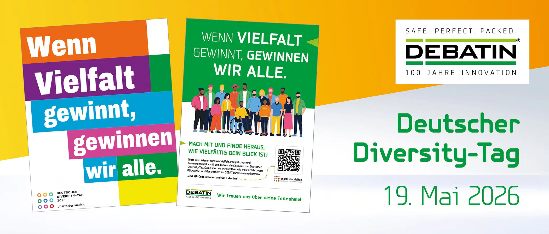 260002ADB_Blogheader_KW21_Diversity-Day_2100x897px_Lay01 Eine Grafik zum Deutschen Diversity-Tag 2026 zeigt zwei bunte Poster mit Illustrationen und Slogans zum Thema Vielfalt. Rechts stehen das DEBATIN-Logo sowie Datum und Titel der Aktion auf hellem Hintergrund.