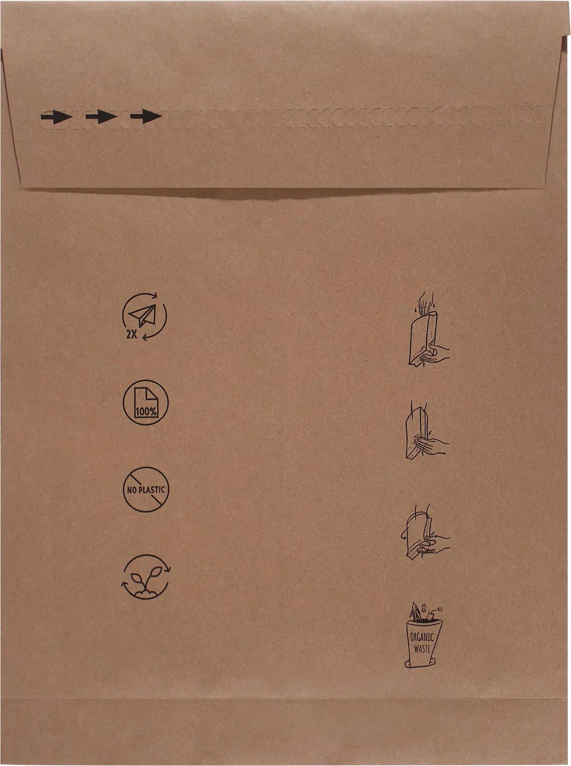 Braune DEBAPOST® Paper Second life Versandtasche aus Recyclingpapier mit Aufreißstreifen und schwarzen Symbolen zur Nutzung und Entsorgung.